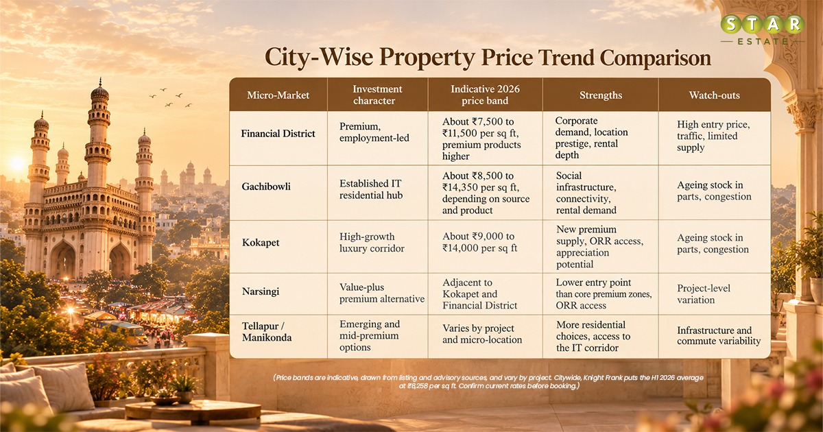 city wise proeprty price comaprison in Hyderabad real estate